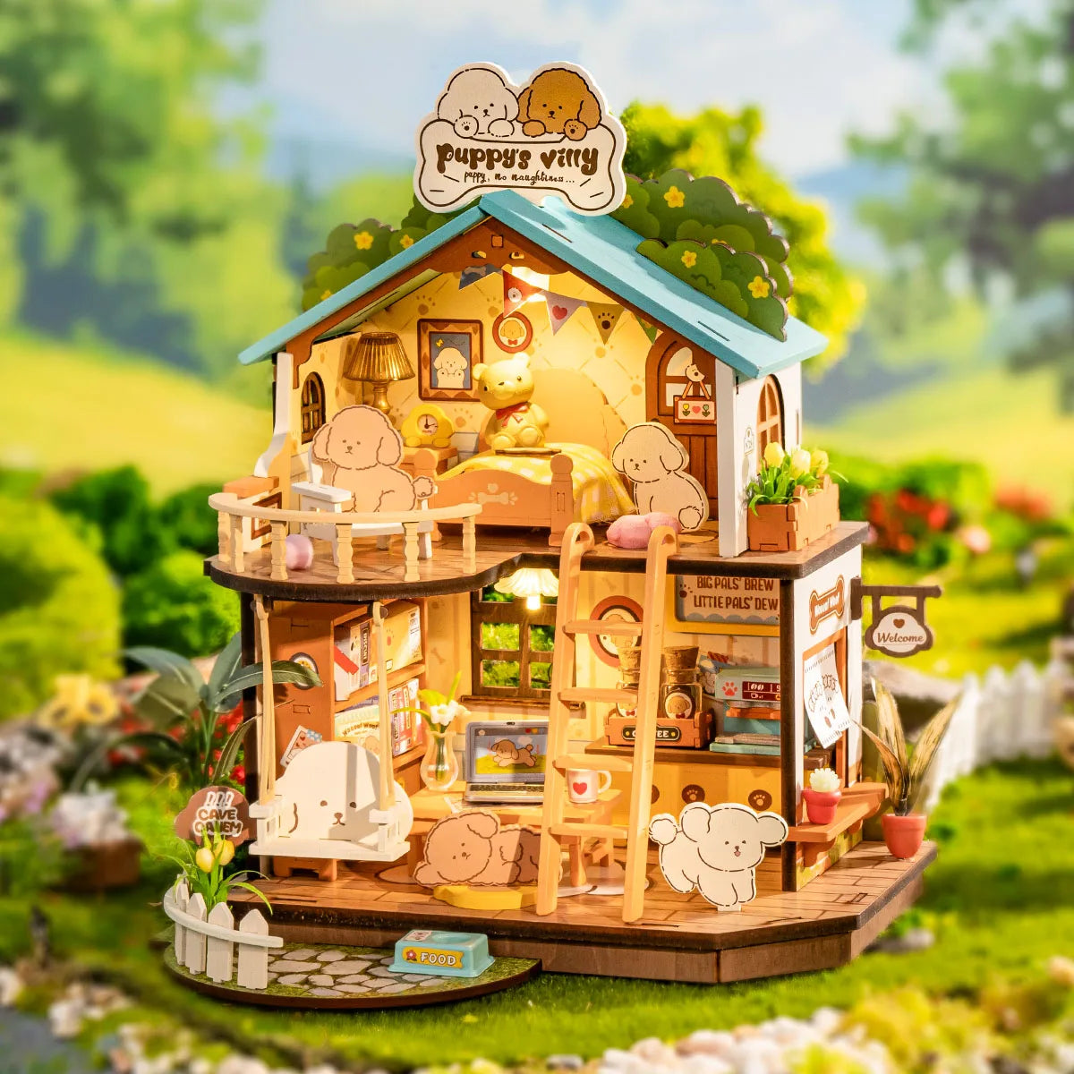 Robotime Rolife DIY Puppy's Cozy Villa House Miniature Kits for Kids and Family New Wooden Puzzle Model Home Decoration Set