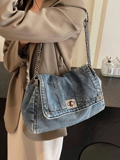 Denim Tote Bag with Metal Buckle and Chain Strap Deep Blue Light Blue Black Vintage Stitching Design for Women Non-Adjustable Sl