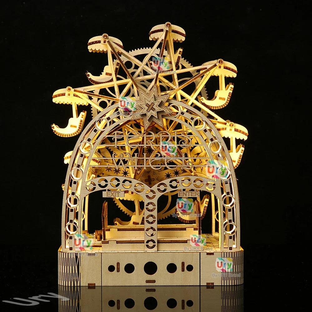 Ury 3D Wooden Puzzles Led Hand-driven Rotatable Ferris Wheel Music Box Model Mechanical Assembly Decor DIY Toy Gift for Adult