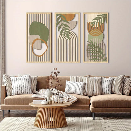 3PCS Sage Green Abstract Wooden Wall Art, Geometric Wood Wall Sculptures, Modern Artwork Neutral Wall Decor