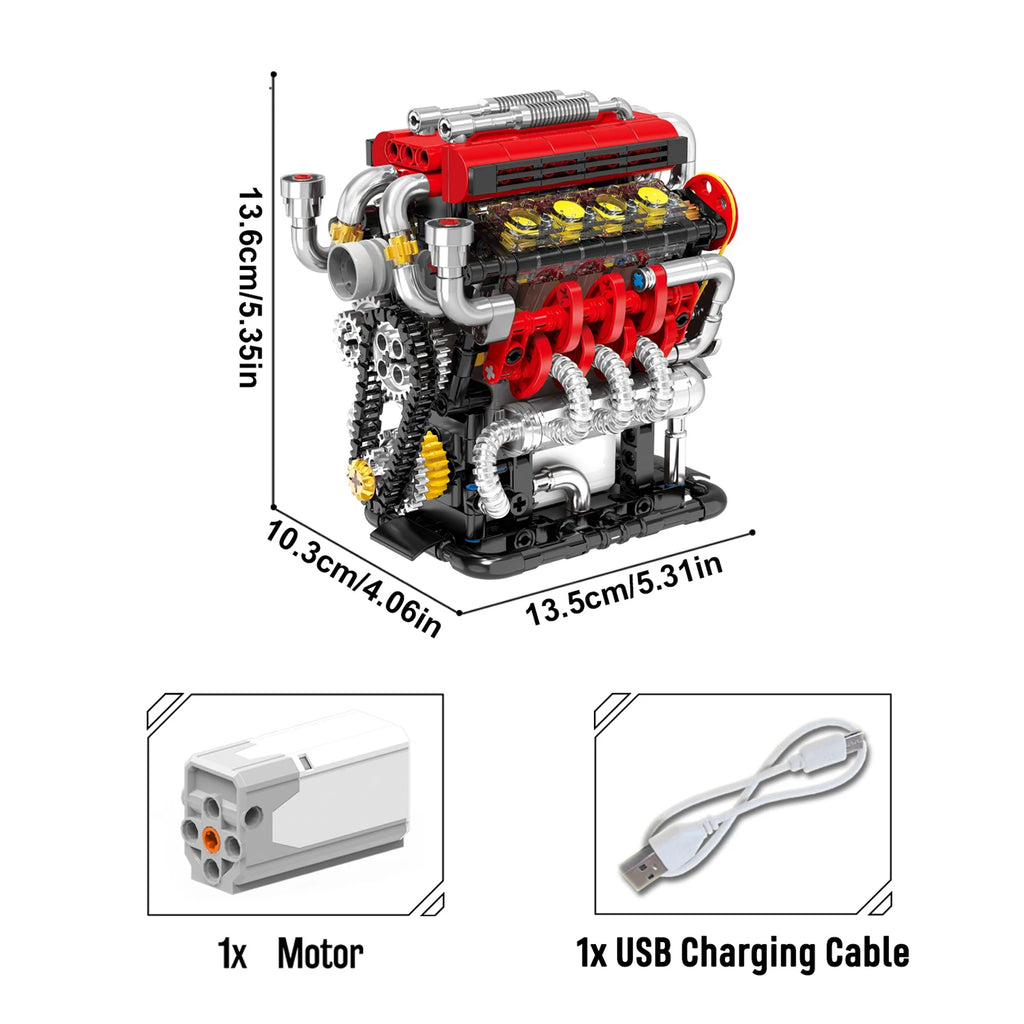FE Japanese V8 Engine Building Block Model Kit 500+ Bricks Classic Car Engine Electric USB Charging Version Adult Holiday Gift