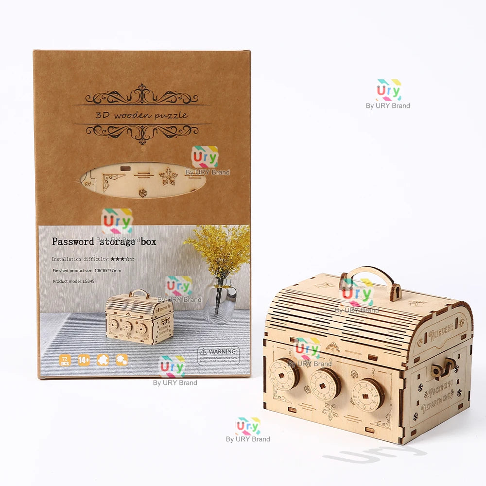 URY 3D Wooden Puzzle Storage Box Password Treasure Box Lockbox DIY Advanced Hand Assembly Decoration Gift for Kids Girls Adult