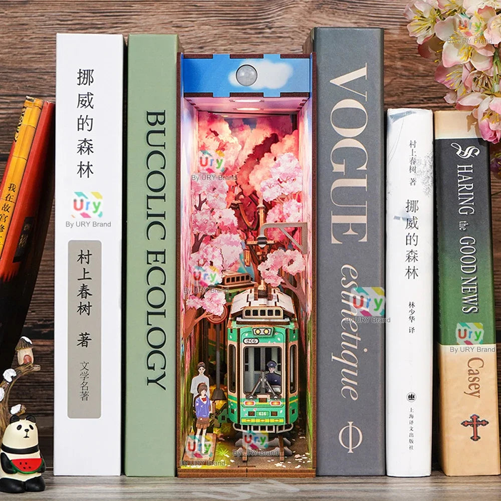 Ury 3D Wooden Puzzle Magic Japanese Style Cherry Blossoms Sakura Tram Station LED DIY Book Nook Shelf Insert for Girls Xmas Gift