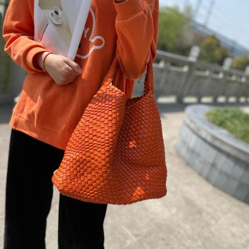 2025 Fashion Soft Hobo Weave Shoulder Handbag With Insert Organizer Woven Vegan Leather Top-handle Tote All-Match Underarm Bag