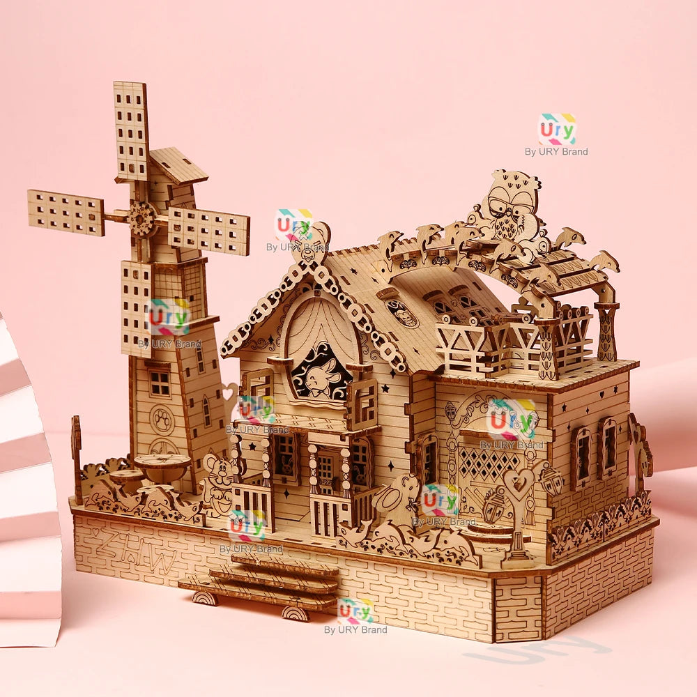 Rotatable DIY 3D Wooden Music Box Puzzles Electric Zoo Animals Hut House Model Mechanical Kits Decor Toys Gifts for Kids