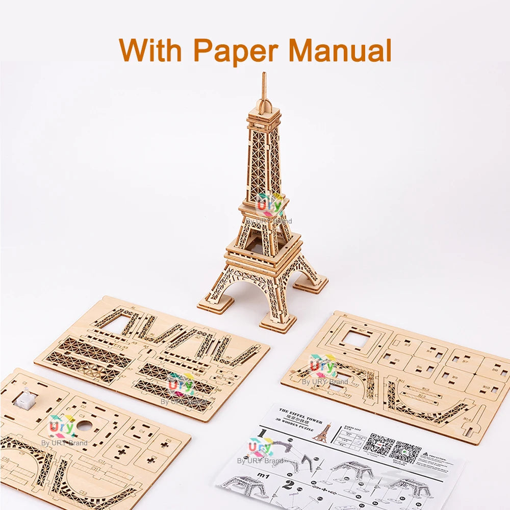 Ury 3D Wooden Puzzle Paris Eiffel Tower with Light Famous European Classics Building World Architecture Model DIY Toy Decoration