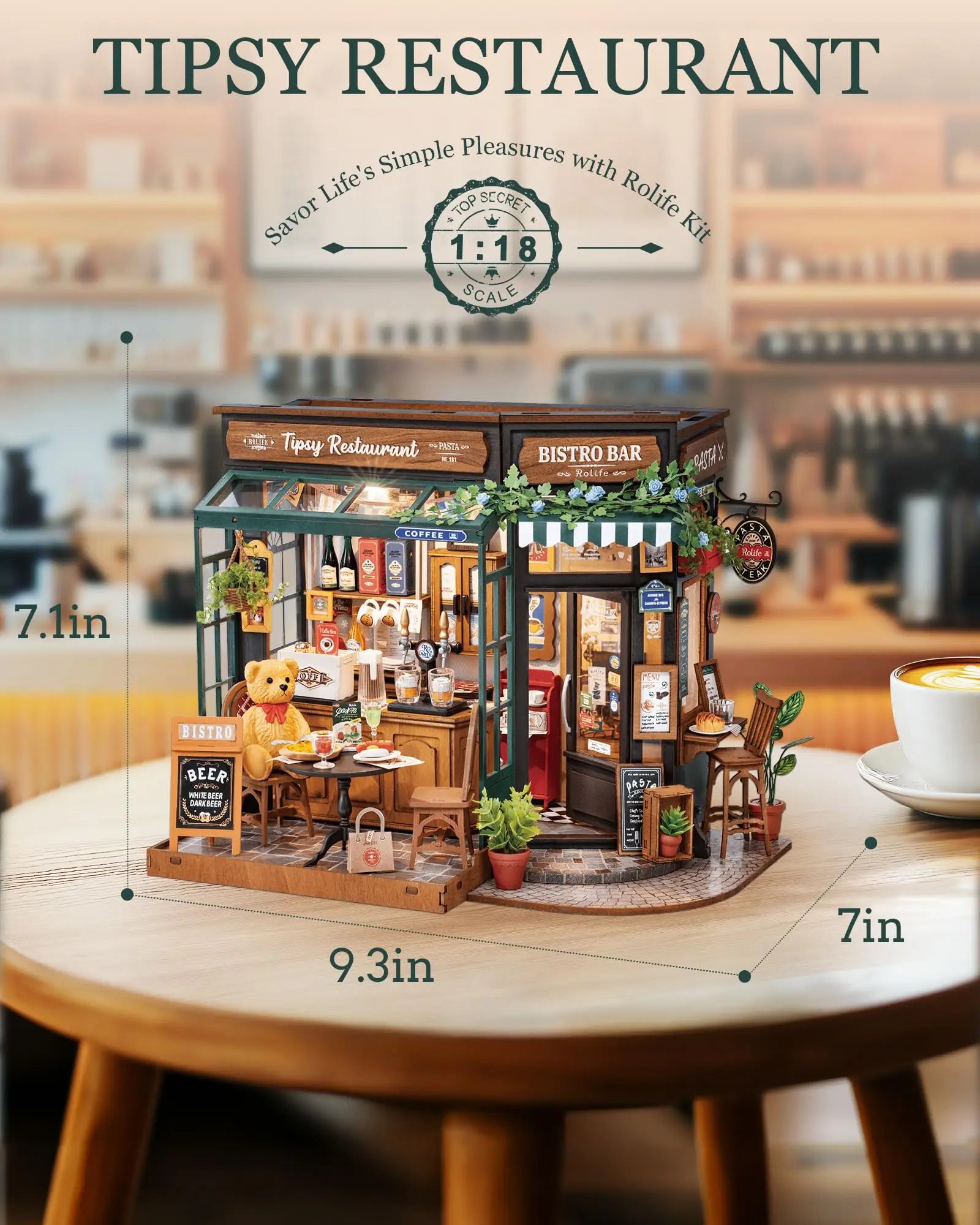 Robotime Rolife Tipsy Restaurant Miniature Dollhouse 3D Wooden Puzzle Bistro Bar Design Gifts for Family Home Decoration Toys