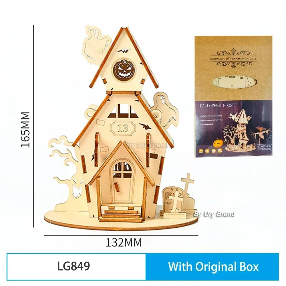 URY New 3D Wooden Puzzle Halloween Holiday Gift Ghost Tree House DIY Model Assembly Craft Kits Desk Decoration For Kids