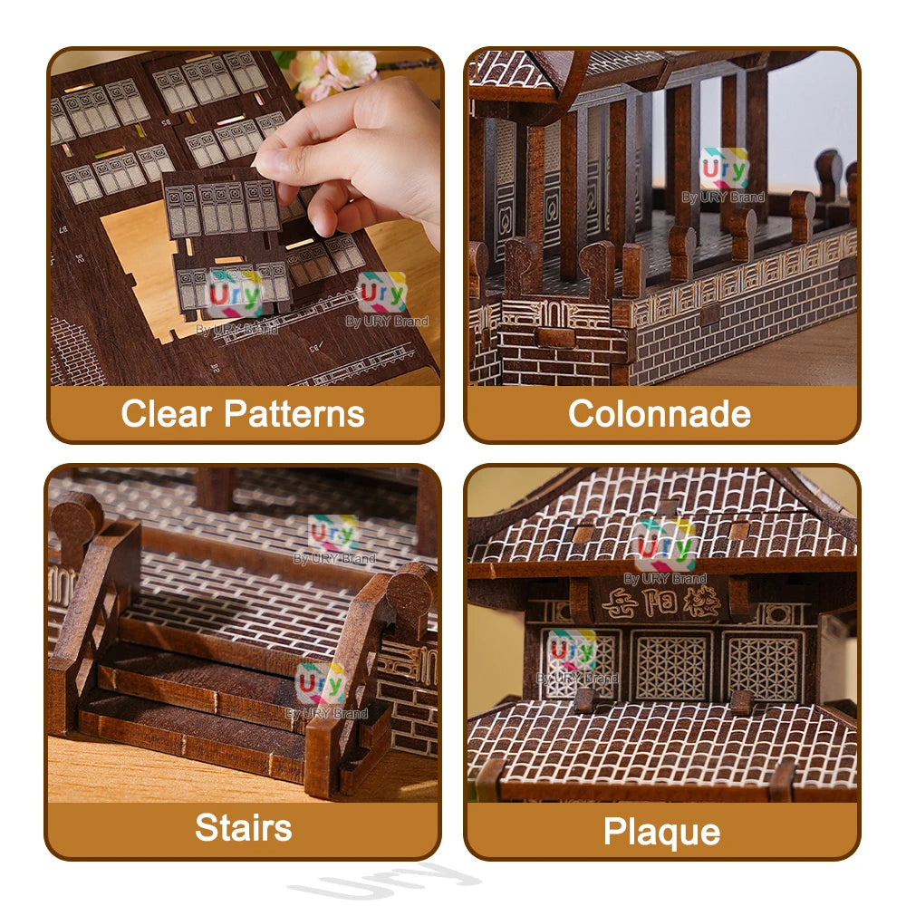 Ury 3D Wooden Puzzle Chinese Yueyang Tower Ancient Pagoda Traditional Building DIY Model Assembly Desktop Toy Gift for Adult