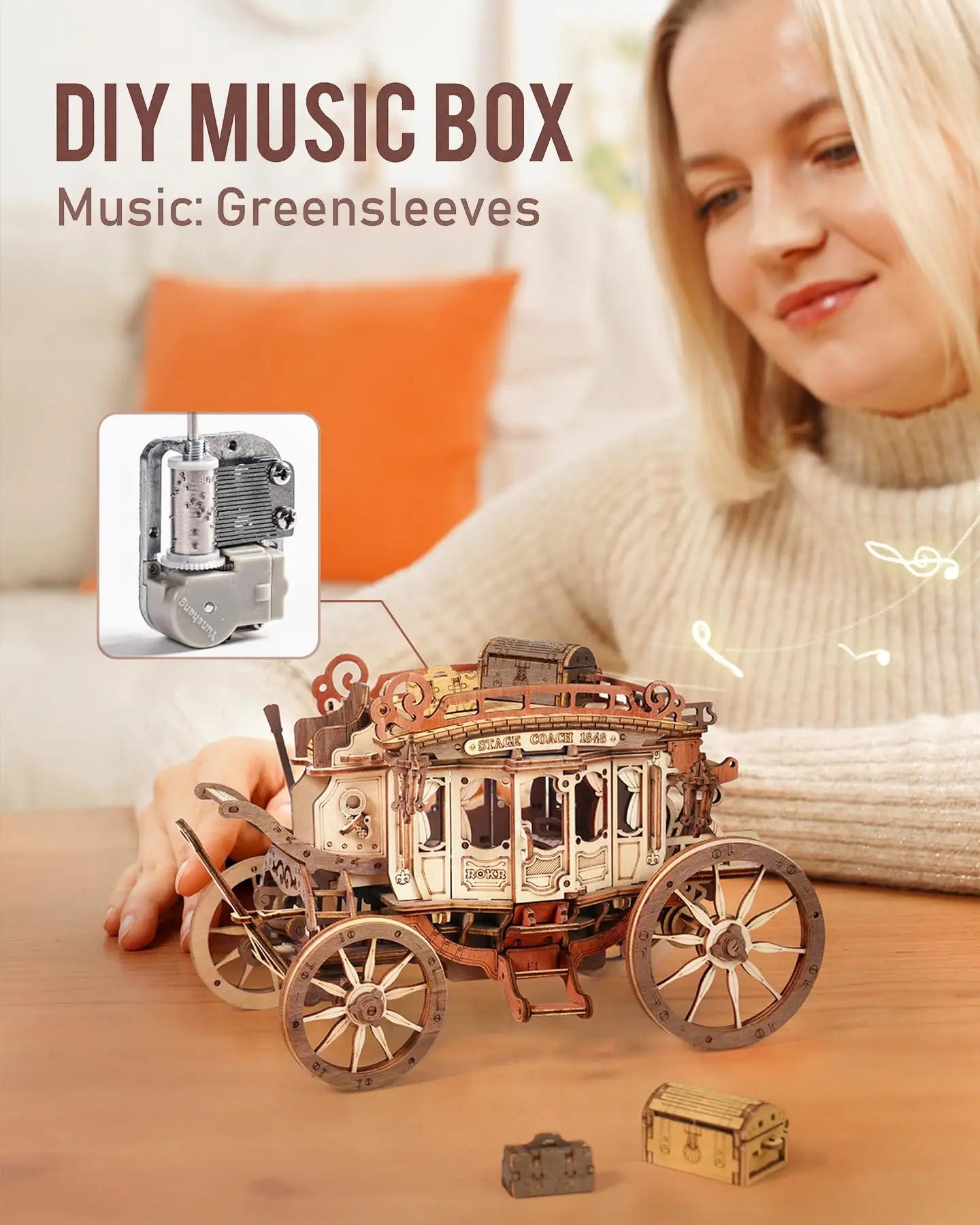 Robotime Rokr Stagecoach Music Box 3D wooden puzzle for Adults Birthday Anniversary Day Gift Hobby STEM Kits Model Easy to Build