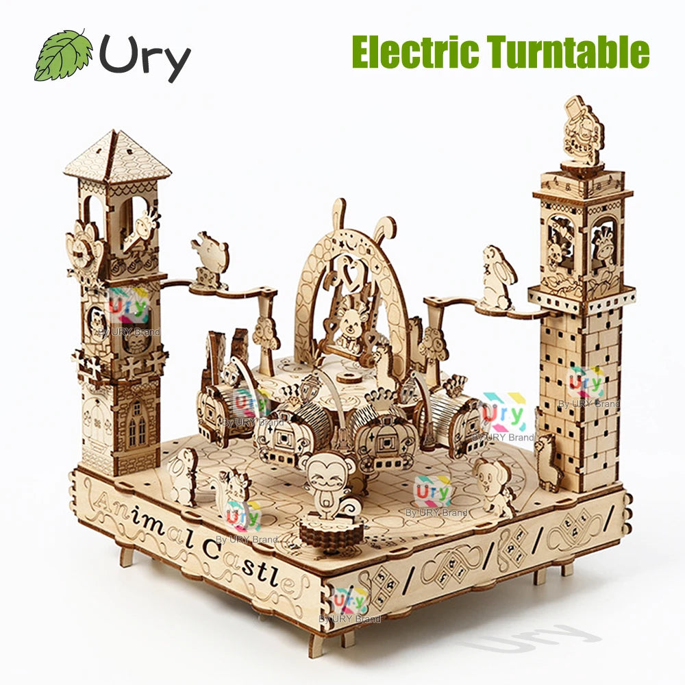 Rotatable DIY 3D Wooden Puzzles Electric Zoo Animals Amusement Park Turntable Model Mechanical Kits Decor Toys Gifts for Kids