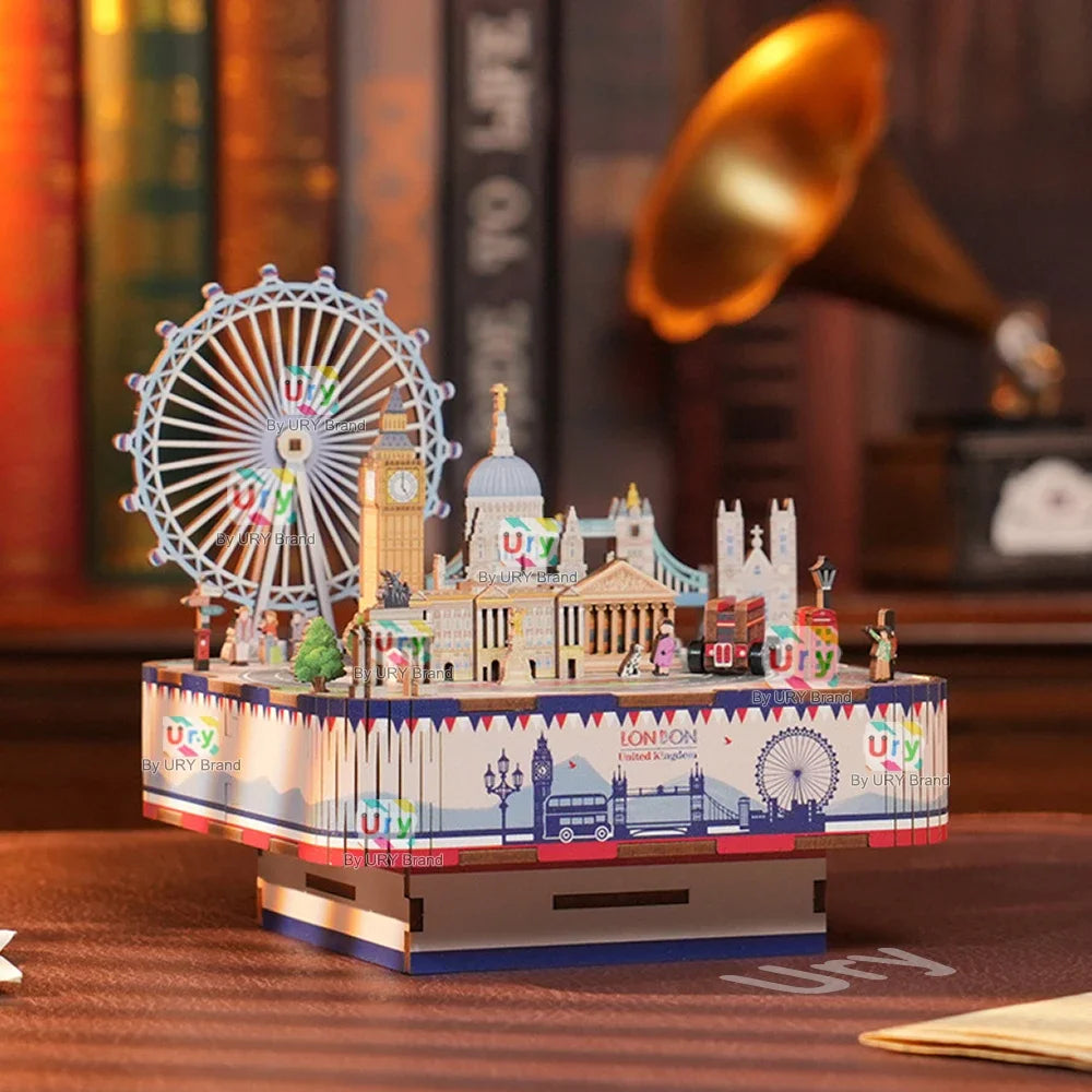 Ury 3D Wooden Puzzles Ferris Wheel London Scenery Rotatable Tour Bus  Bridge Music Box Model Kit Assembly DIY Toy Gift for Adult