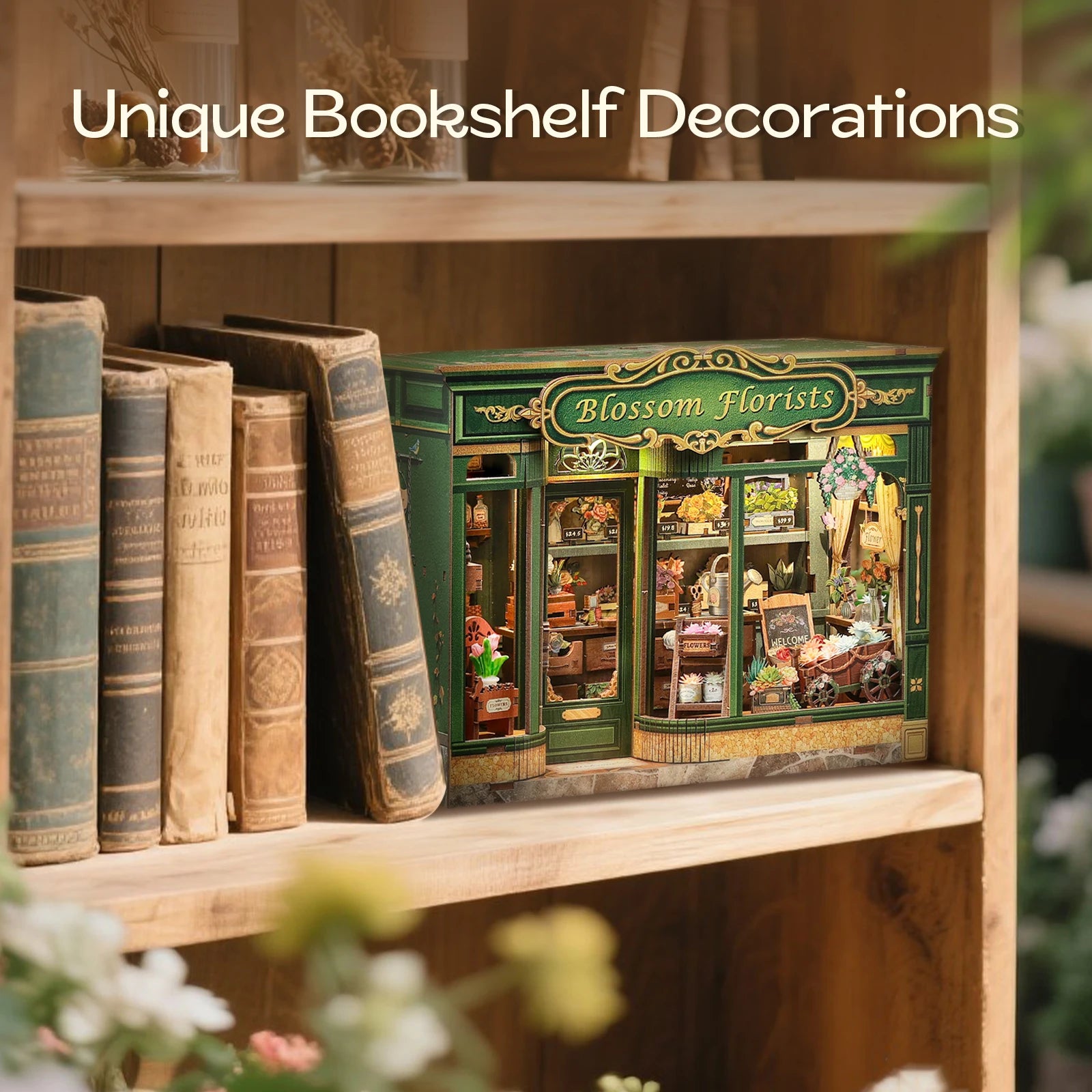 CUTEBEE Book Nook Kit DIY Doll House with LED Light Bookshelf Insert Blossom Florists Miniature Model For Birthday Family Gift
