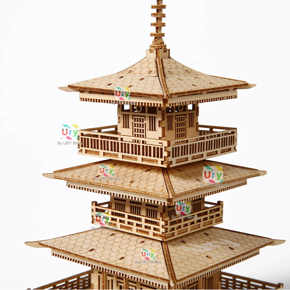 URY 3D Wooden Tower Ancient Pagoda Chinese Traditional Puzzle with Light DIY Model Game Assembly Desktop Toy Gift for Kids Adult