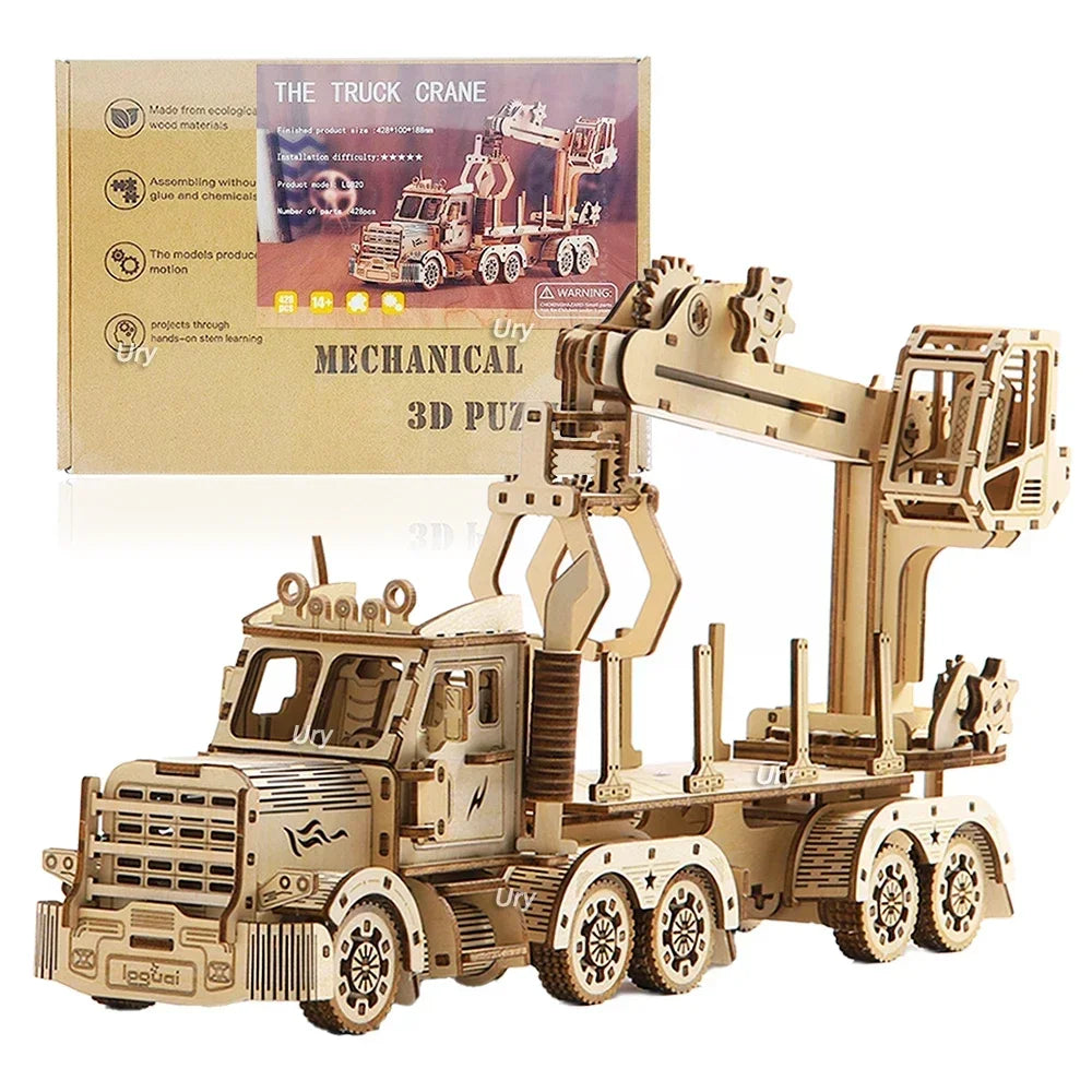 Ury 3D Wooden Puzzle Movable Retro Biplane Crane Bulldozer Handmade Assembly Truck Model DIY Toys Decoration Gift for Kids