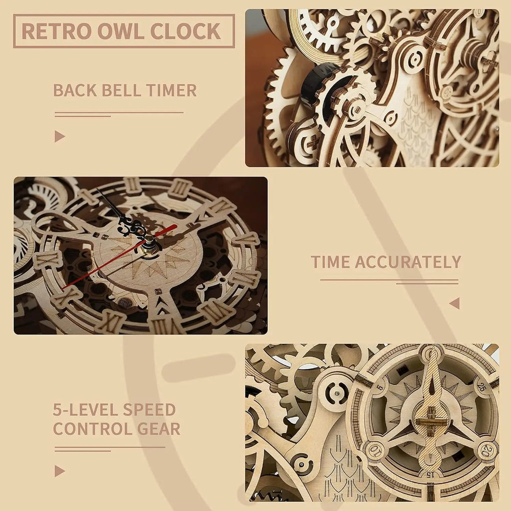 Robotime ROKR 3D Wooden Puzzle Owl Clock Model Building Kit Toys for Children Kids Boys LK503