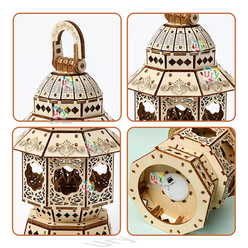 URY 3D Wooden Puzzle Hand Lantern Vintage Light Bedside Lamp Model Assembly Building Kits Desk Decoration Gifts for Teens Adults