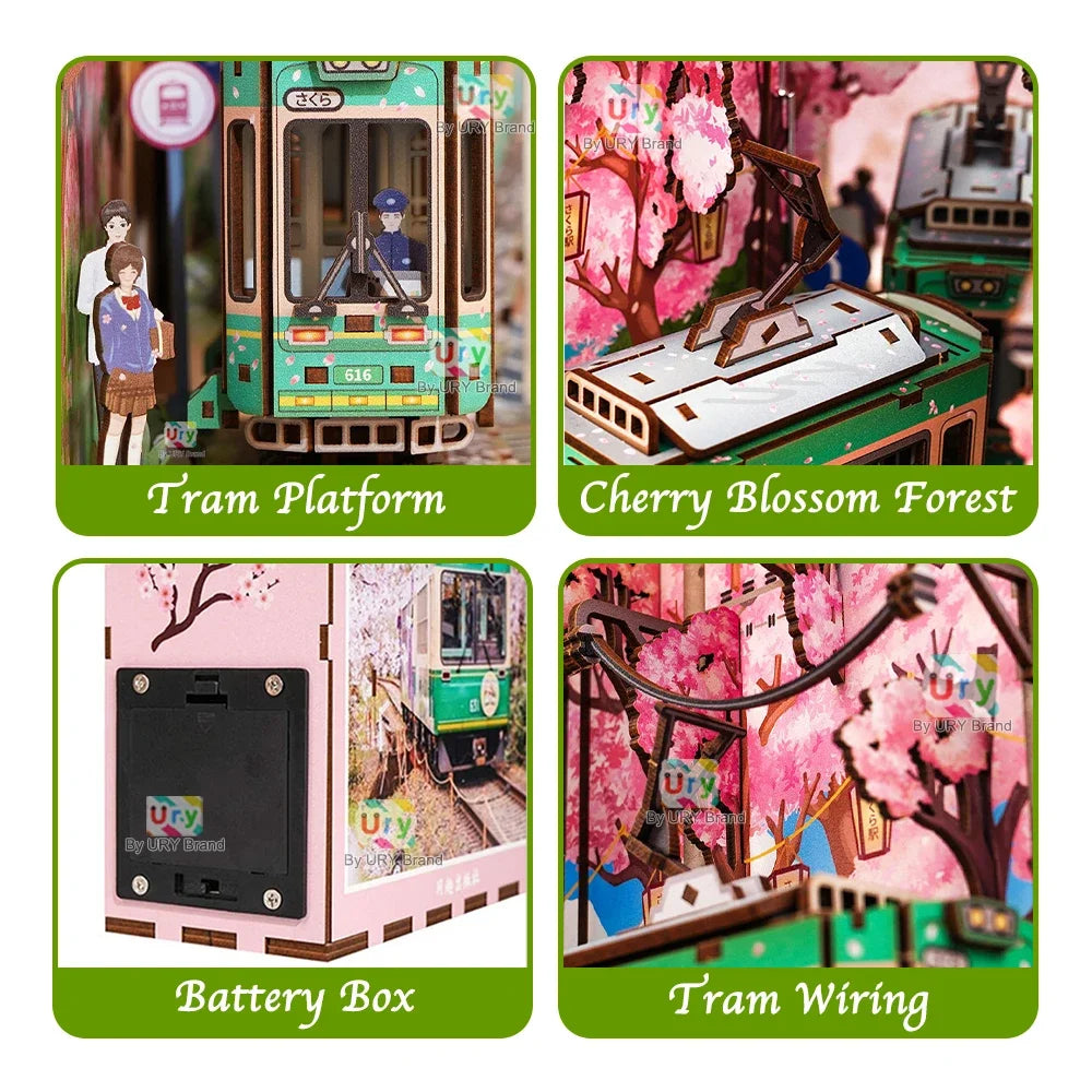 Ury 3D Wooden Puzzle Magic Japanese Style Cherry Blossoms Sakura Tram Station LED DIY Book Nook Shelf Insert for Girls Xmas Gift