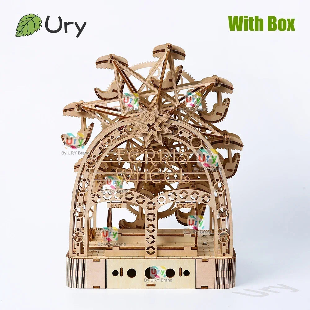 Ury 3D Wooden Puzzles Led Hand-driven Rotatable Ferris Wheel Music Box Model Mechanical Assembly Decor DIY Toy Gift for Adult