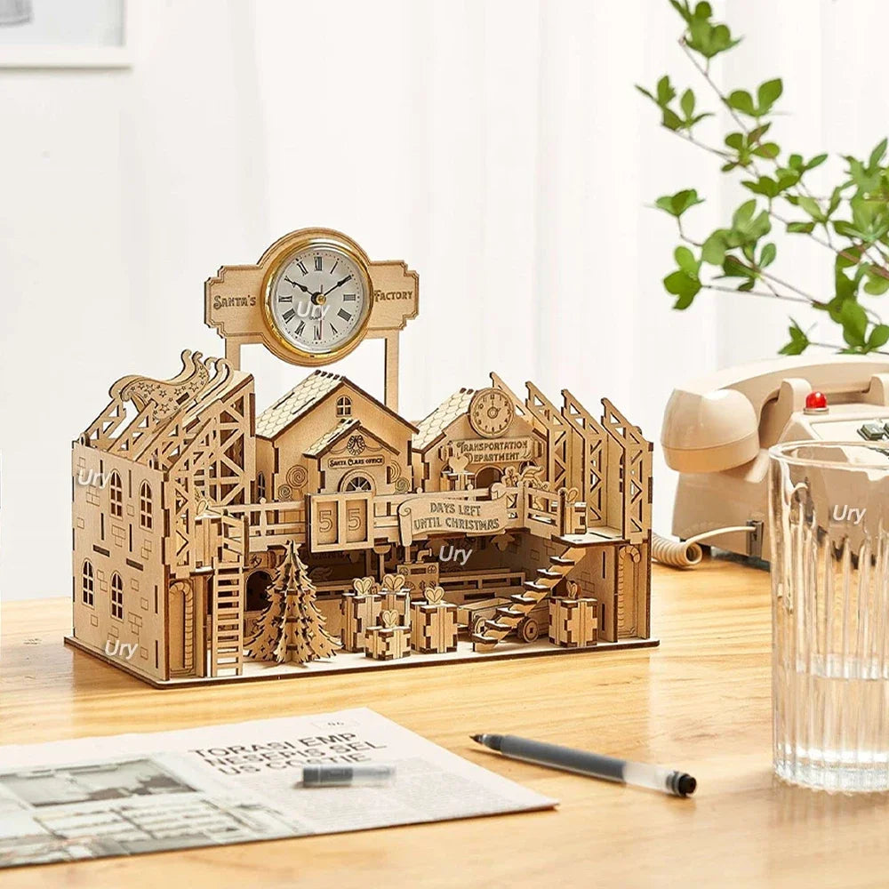Ury 3D Wooden Puzzle Christmas Factory Table Clock Countdown Calendar Retro Toy for Kids Adults DIY Model Kit Decoration Gifts