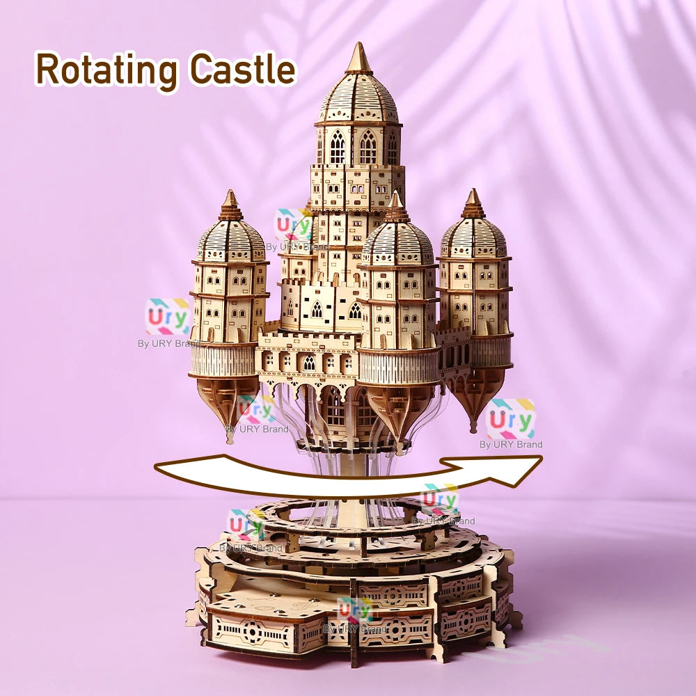 3D Wooden Puzzle House Royal Electric Rotating Sky Castle With Light Assembly Toy For Kids Adult DIY Model Decoration for Gifts