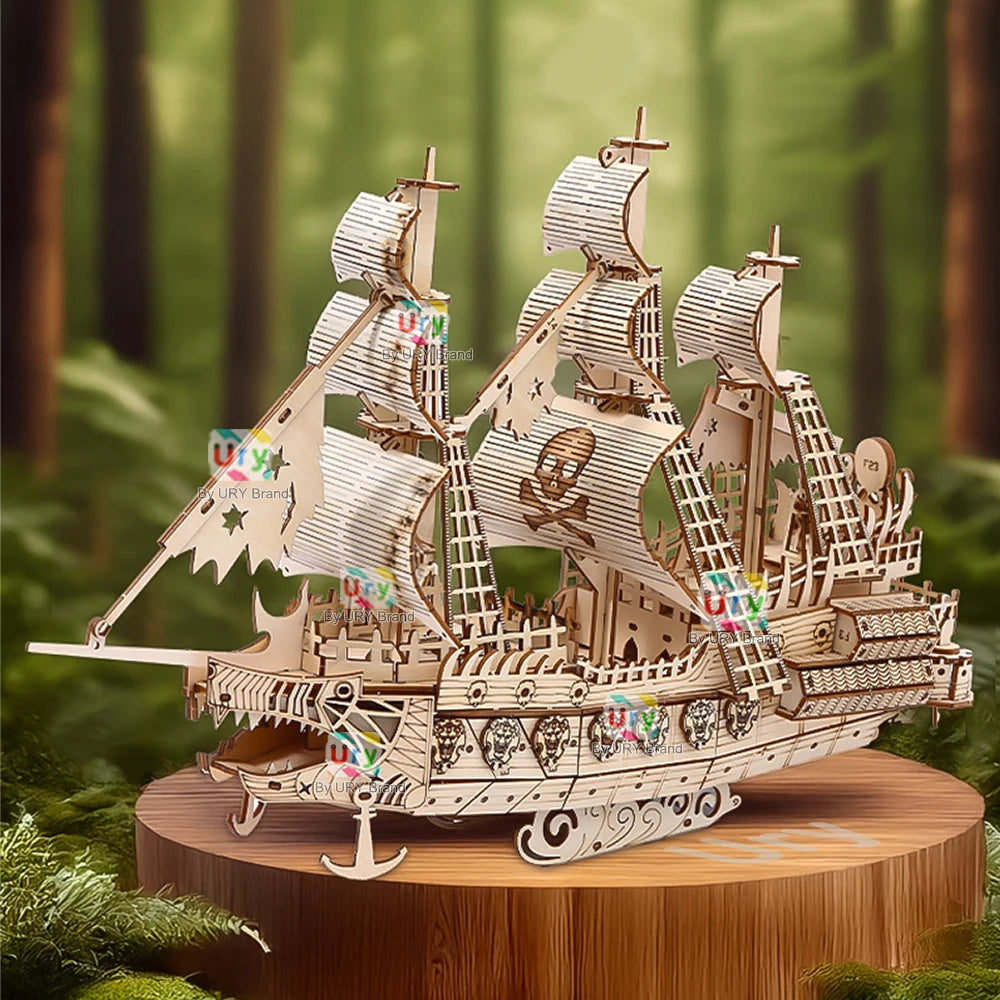 Ury DIY 3D Wooden Puzzle Retro Style Halloween Ghost Pirate Ship Model Toys Handmade Set Home Decoration Christmas Gift for Kids