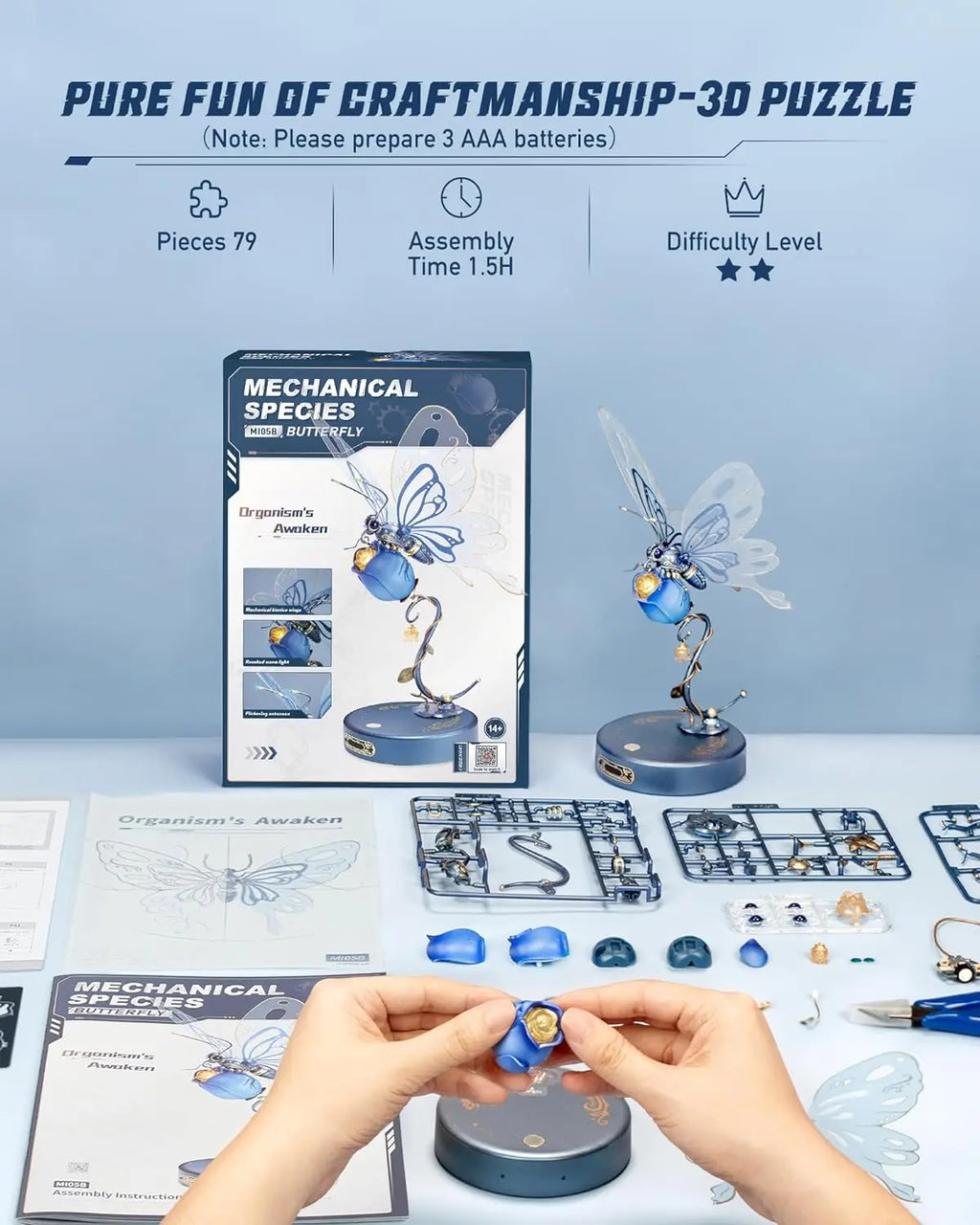 Robotime Rokr 3D Metal Puzzle Butterfly with LED Light of Industrial-style Building Block gift for Kids-MI05