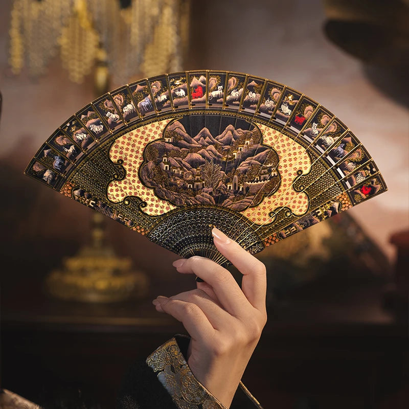 Piececool 3D Metal Model Kits Gold-painted Landscape Folding Fan 3D Metal Puzzles for Adult Creative Fan for Summer Gifts