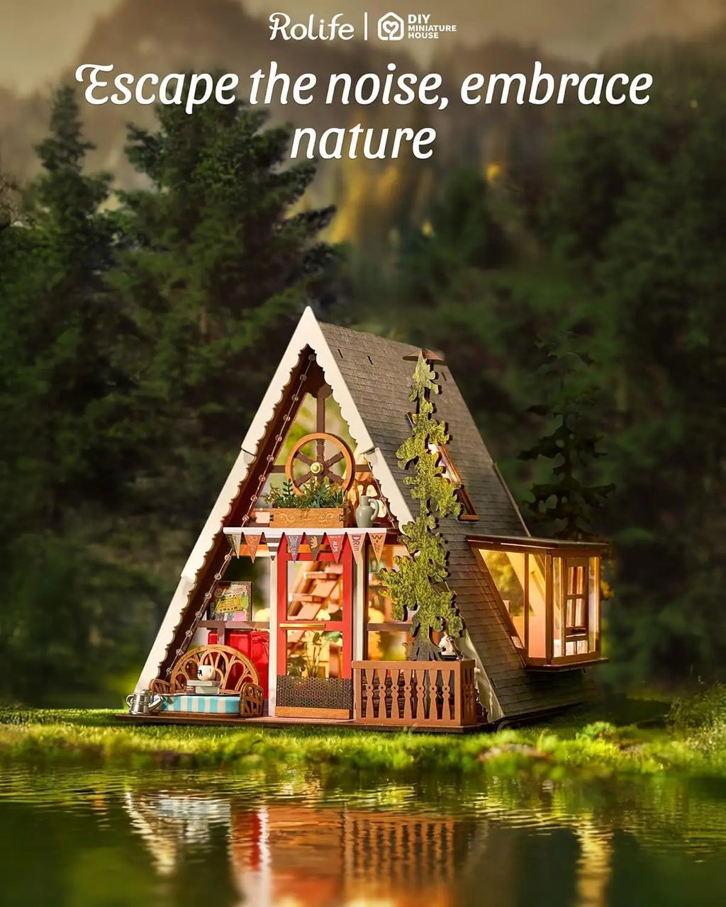 Robotime Rolife DIY Miniature House Kit A-Frame Cabin 3D Wooden Puzzle Tiny House with Openable Skylight for Teens & Adults