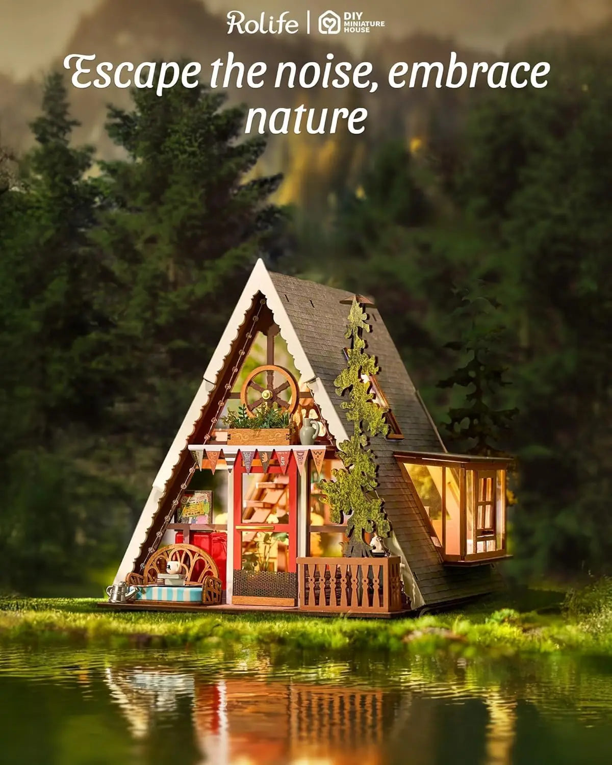 Robotime Rolife DIY Miniature House Kit A-Frame Cabin 3D Wooden Puzzle Tiny House with Openable Skylight for Teens & Adults