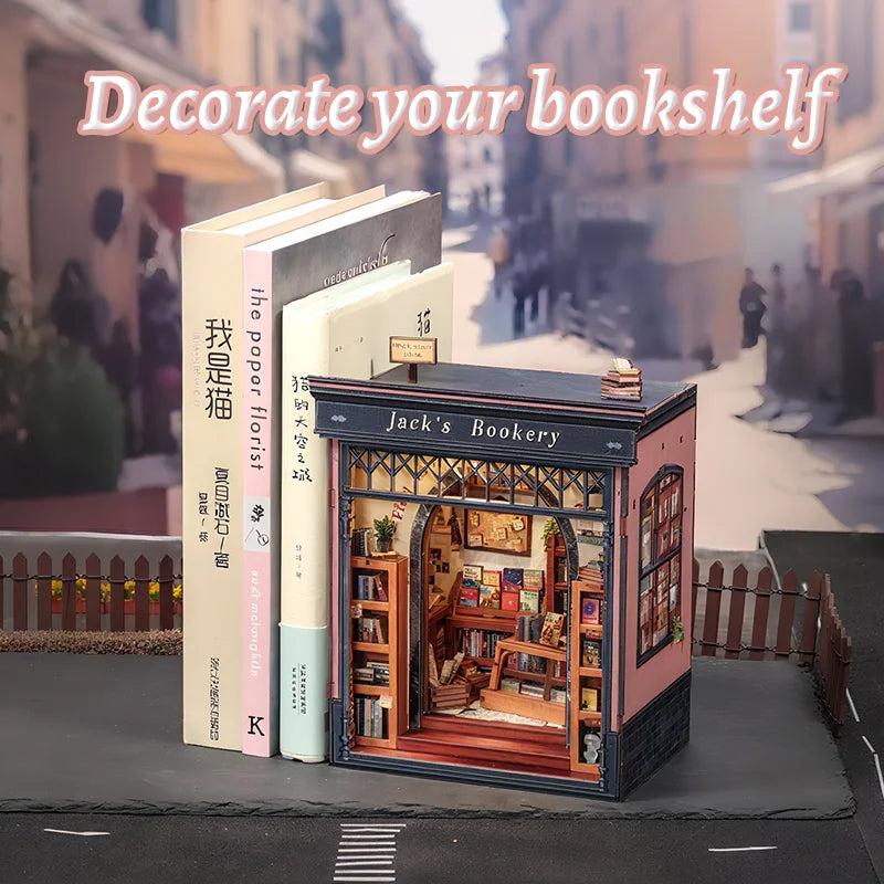 CUTEBEE Book Nook Kit DIY Doll House with LED Light Bookshelf Insert Jack's Bookery Miniature Model For Birthday Family Gift