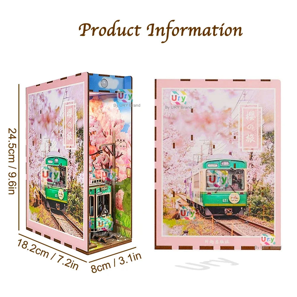 Ury 3D Wooden Puzzle Magic Japanese Style Cherry Blossoms Sakura Tram Station LED DIY Book Nook Shelf Insert for Girls Xmas Gift