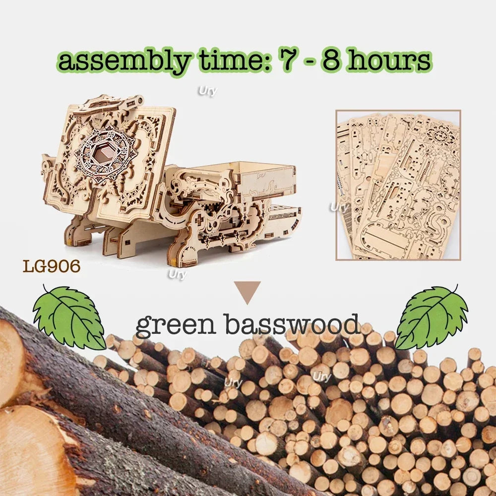 URY 3D Wooden Puzzle Antique Treasure Box Dressing Case DIY Game Advanced Assembly Model Toys Creative Gift for Lady Girls