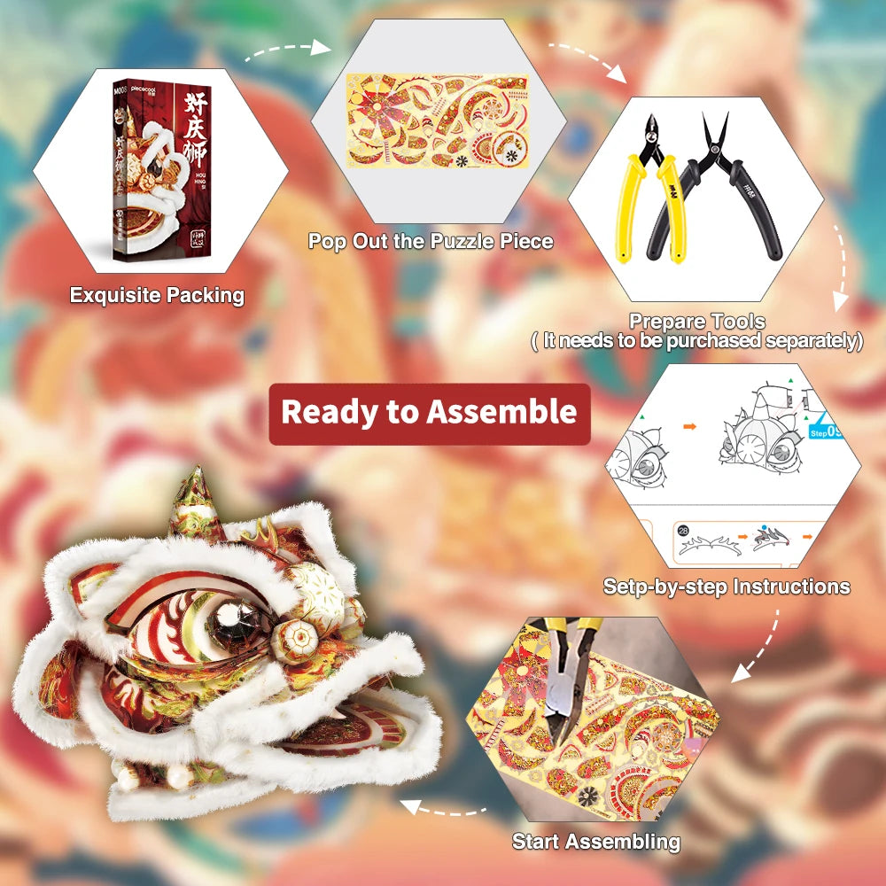 Piececool 3D Model Kits Chinese Traditional Dancing Lions Metal Puzzles DIY Toys Jigsaw for Adult Brain Teaser Creative Gifts
