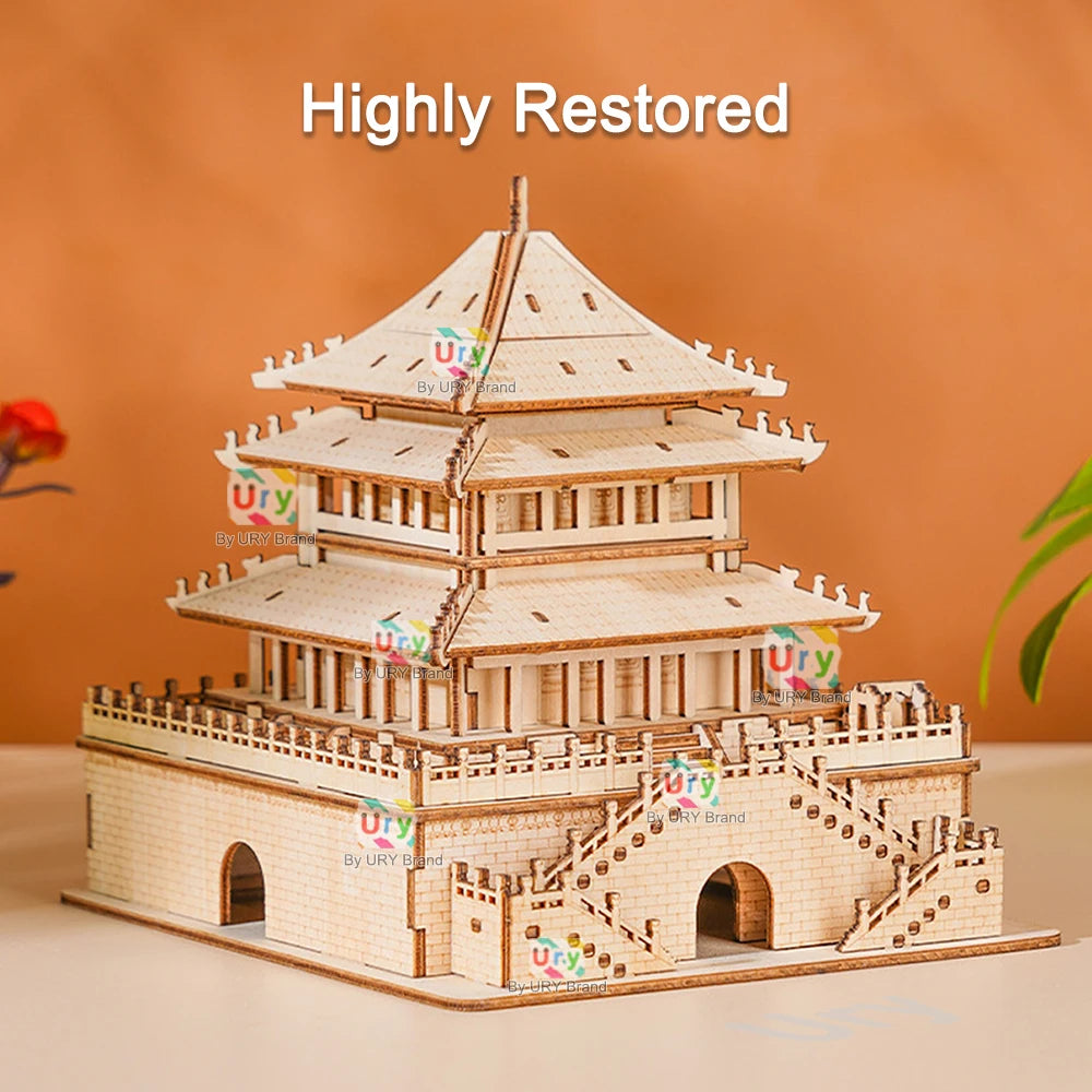 Ury 3D Wooden Puzzle Chinese Bell Tower Giant Wild Goose Pagoda Traditional Building DIY Model Assembly Desktop Gift for Adults
