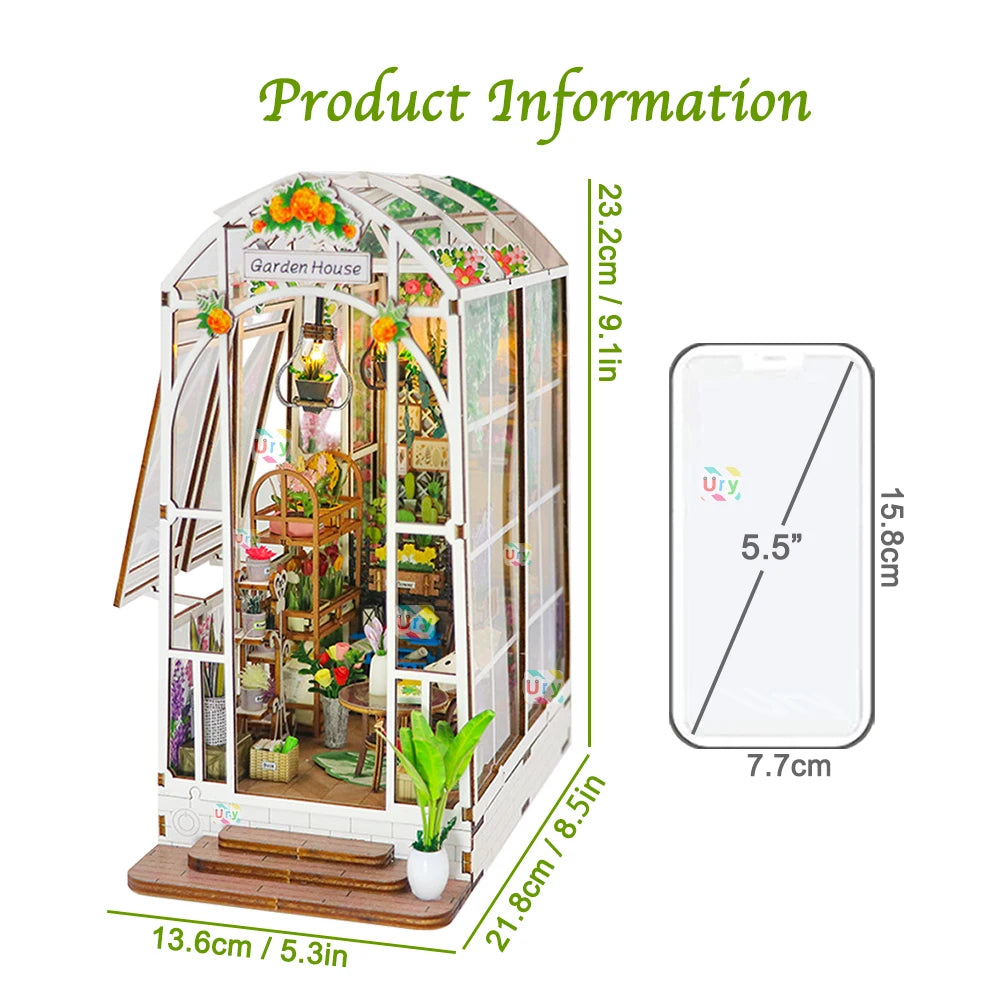 Ury 3D Wooden Puzzle LED Book Greenhouse Transparent Flower House Nook Shelf Insert Miniature Fairy Tale Town Girls Xmas Gift