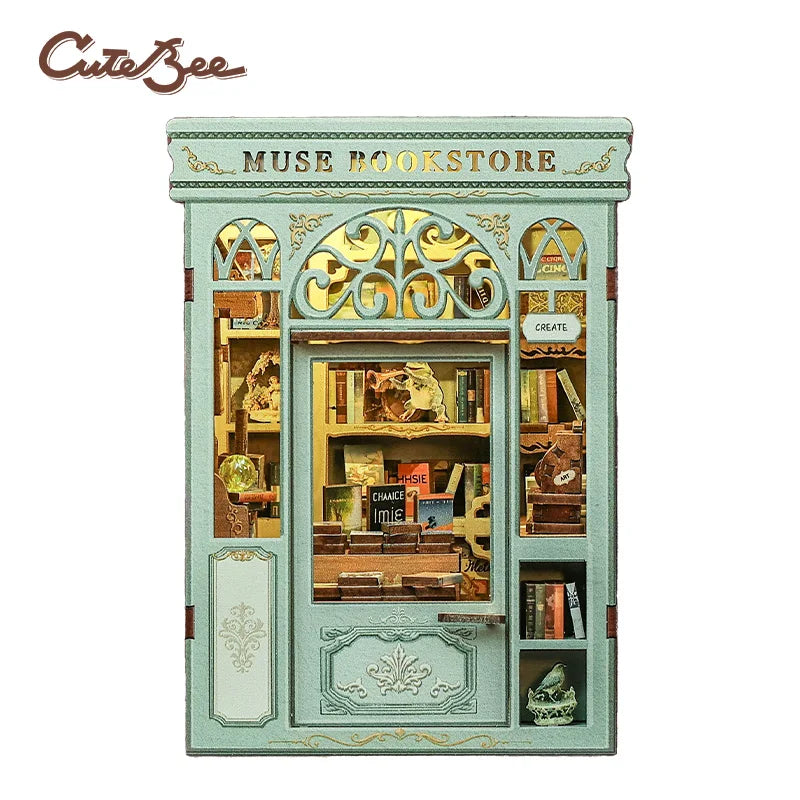 Cutebee DIY Mini Wooden Dollhouse With LED Light Doll House Muse Bookstore For City Walk Series DIY Miniature House Kit