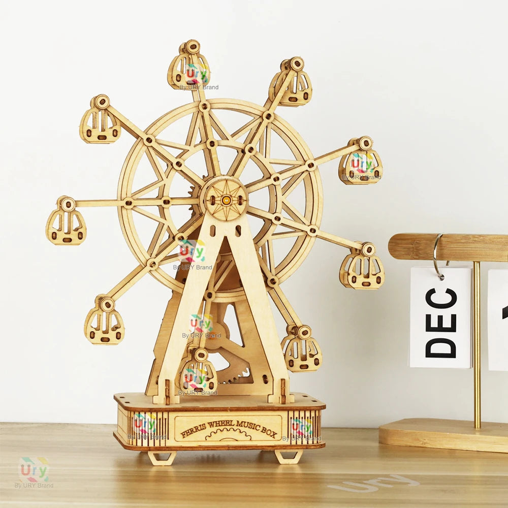 Rotatable DIY 3D Puzzles Mini Ferris Wheel Music Octave Box Wooden Model Mechanical Kits Assembly Decor Toy Gift for Kids Adult