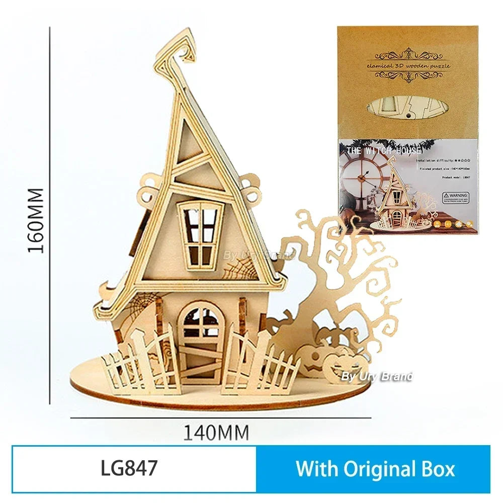 URY New 3D Wooden Puzzle Halloween Holiday Gift Ghost Tree House DIY Model Assembly Craft Kits Desk Decoration For Kids