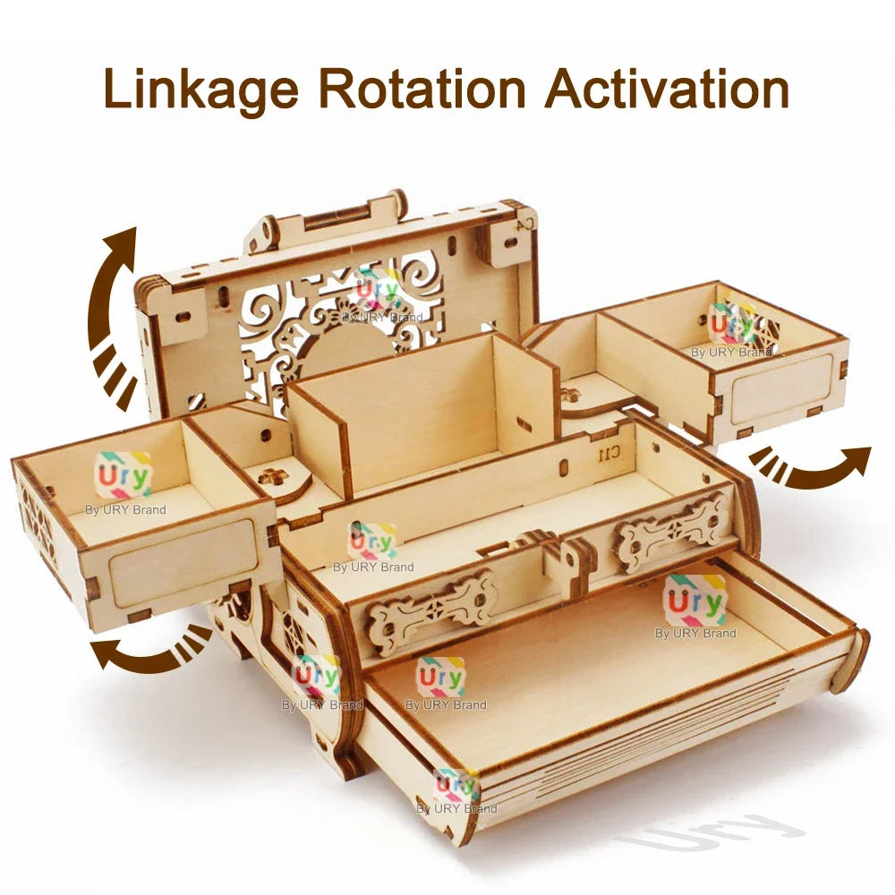 URY 3D Wooden Puzzle Mini Antique Treasure Box Dressing Case DIY Game Advanced Assembly Model Toys Creative Gift for Lady Girls