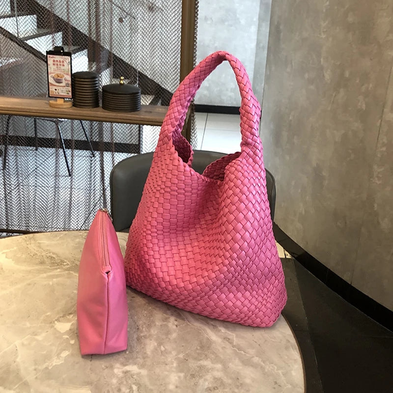 2025 Fashion Soft Hobo Weave Shoulder Handbag With Insert Organizer Woven Vegan Leather Top-handle Tote All-Match Underarm Bag