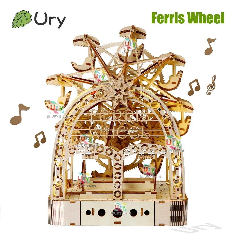 Ury 3D Wooden Puzzles Led Hand-driven Rotatable Ferris Wheel Music Box Model Mechanical Assembly Decor DIY Toy Gift for Adult