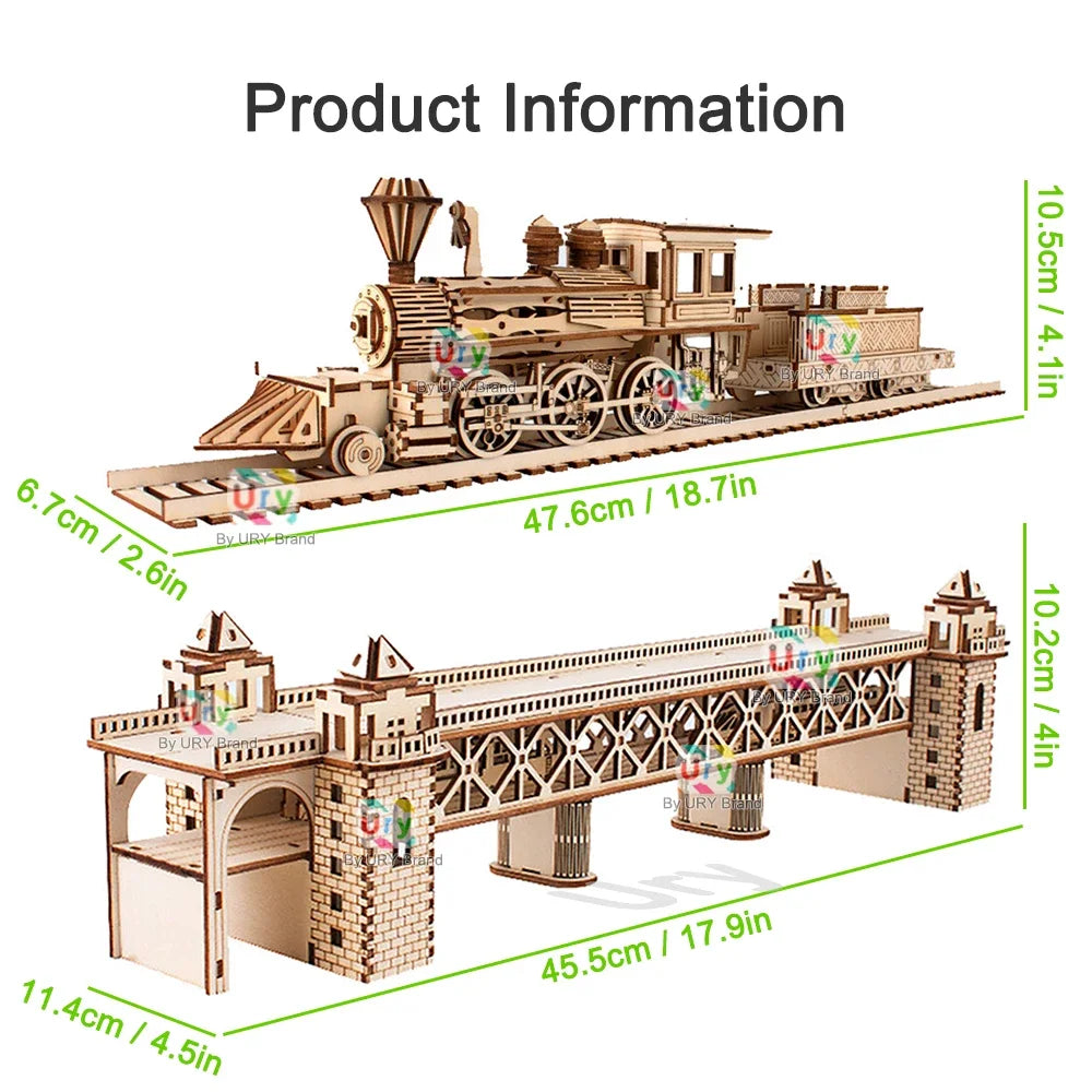 Ury 3D Wooden Puzzle Retro Steam Train with Track Railway Bridge Handmade Assembly Truck Model DIY Toys Decoration Gift for Kids