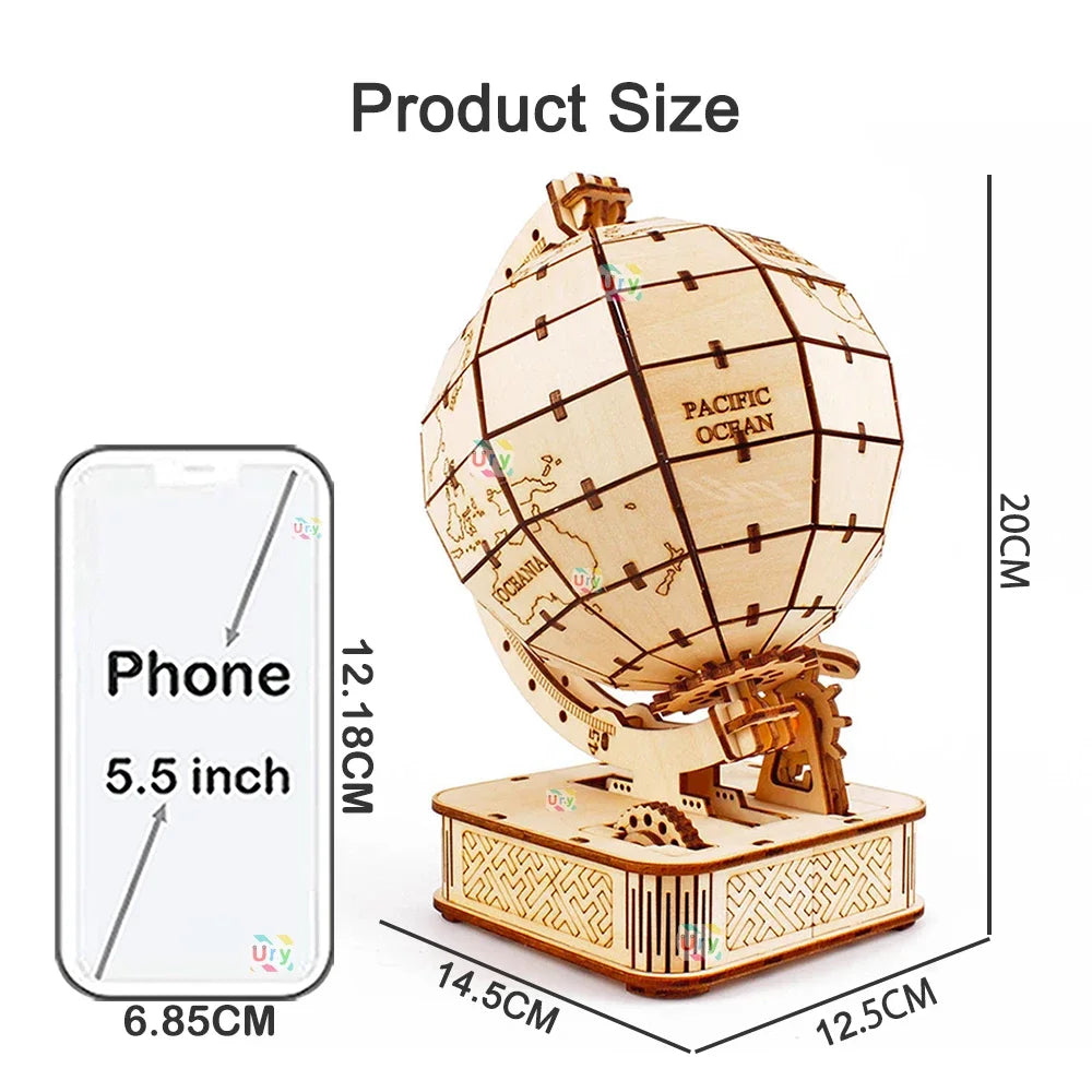 Ury 3D Wooden Puzzle Globe Rotatable Model Mechanical Gear Kit Building Block Toy Hand Assembly Decoration Gift for Kids Adult