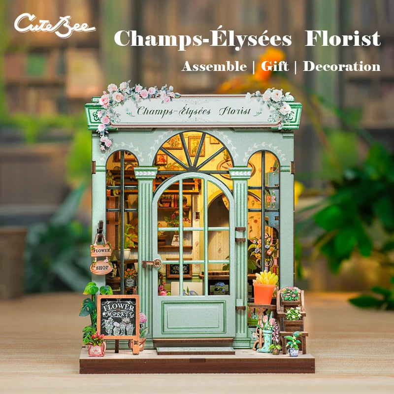 CUTEBEE Book Nook Kit Diy Miniature House Decoration Wooden Book Shelf Insert Model with Light 3D Puzzle Building For Child Toys