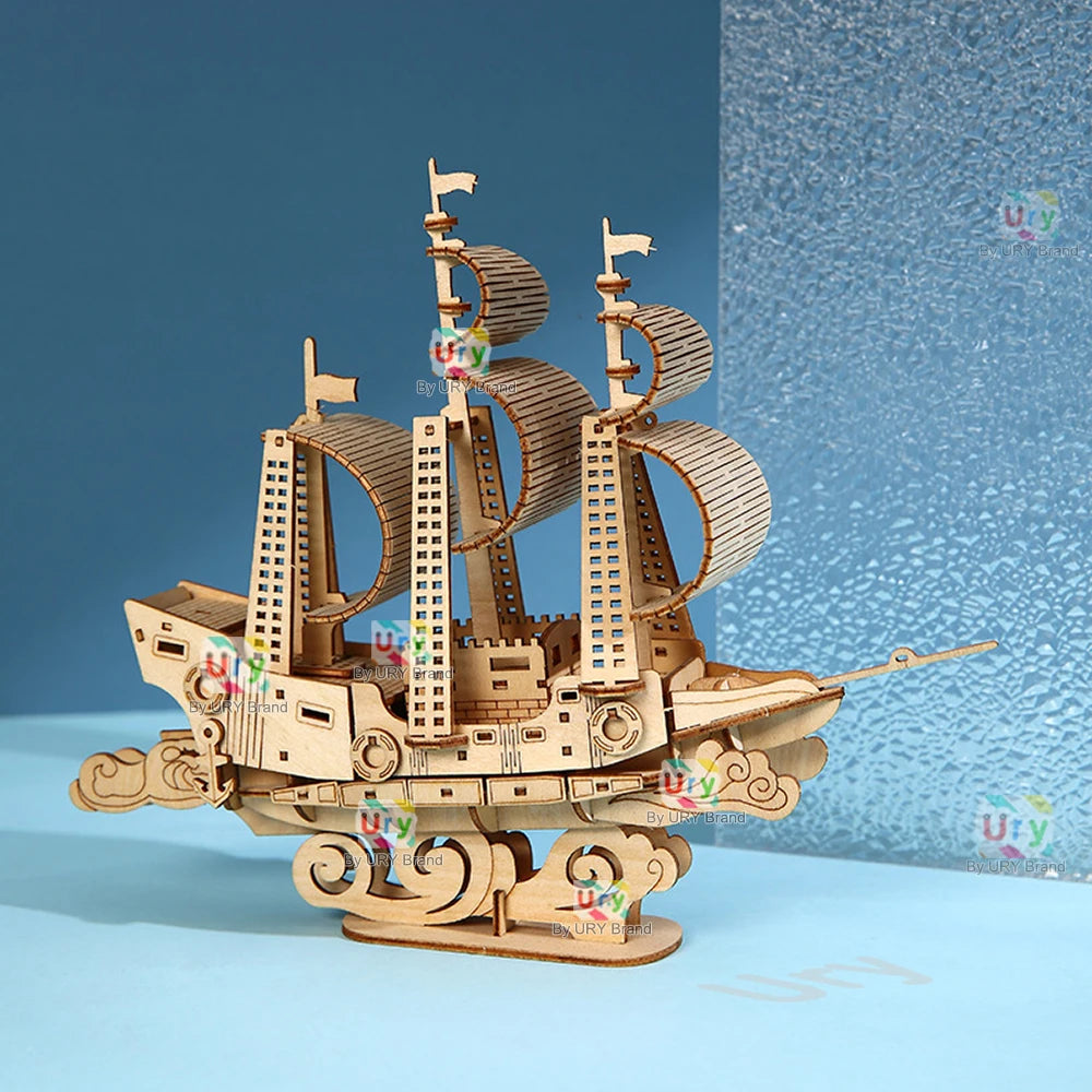 URY DIY 3D Wooden Puzzle Retro Style Sailboat Shipping Model Kits Toys Handmade Set Home Desktop Decoration Christmas Gifts