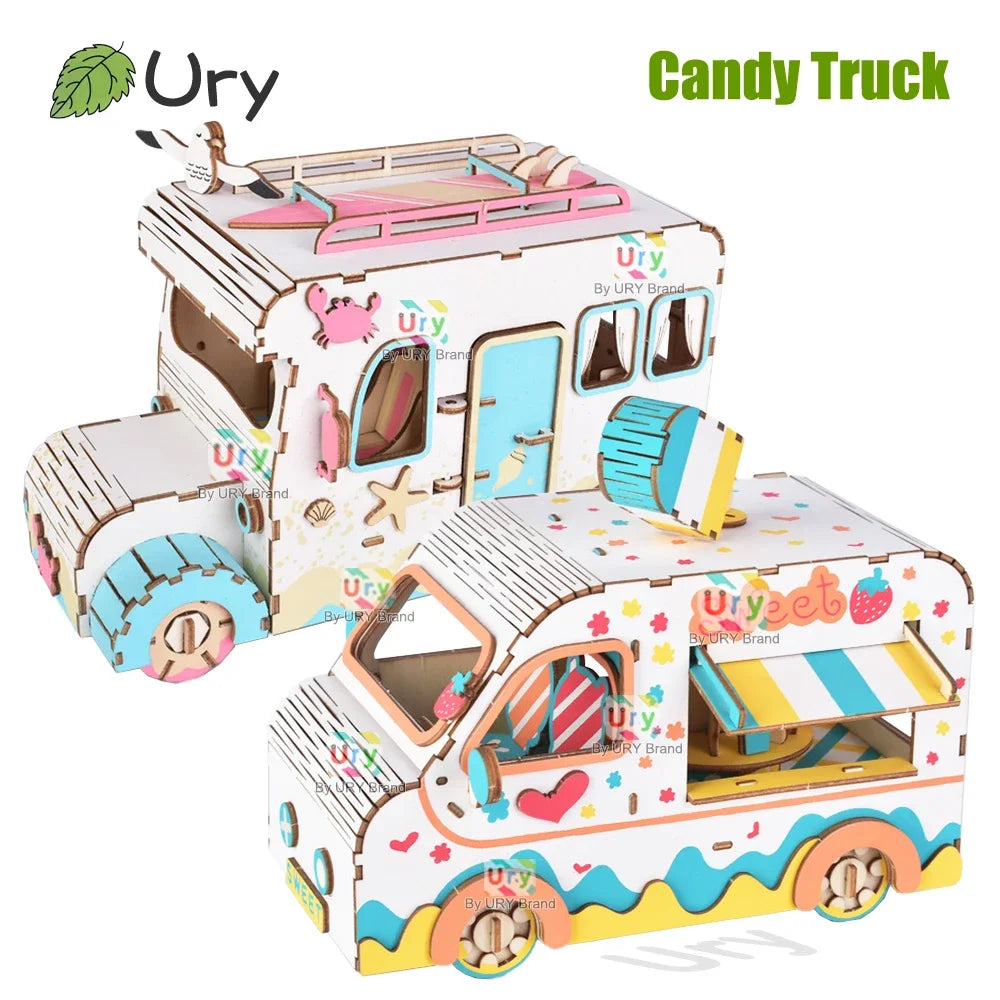 Ury 3D Wooden Puzzle Colorful Dessert Cart Beach Camping RV Truck Movable Retro Vehicle Assembly Model Decoration Gift for Kids
