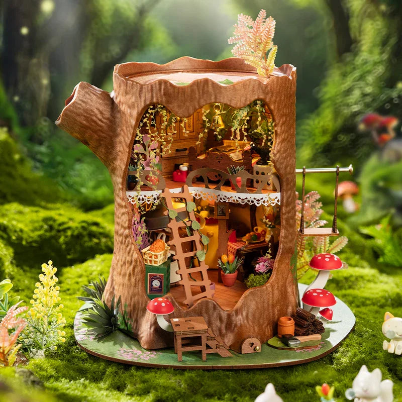 Robotime Rolife DIY Miniature House Kit Fairytale Tree House Dollhouse Building Kit Antique Bookshelf Display Crafts for Adults