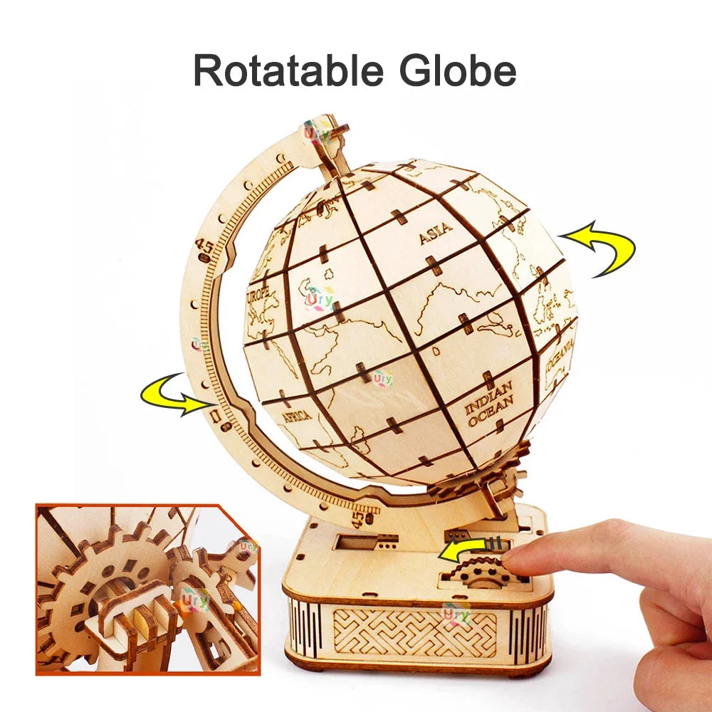 Ury 3D Wooden Puzzle Globe Rotatable Model Mechanical Gear Kit Building Block Toy Hand Assembly Decoration Gift for Kids Adult