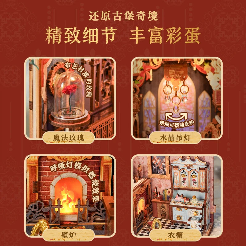 Tonecheer Beauty and The Beast Bookend Book Nook Diorama Model Kit 3D Wooden Puzzle Wooden Dollhouse Decoration Birthday Gift